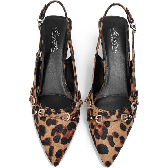 Women's Leopard 2 Pointed Toe Pumps Patent Leather Slingback Heels With Buckle - Picture 5 of 9